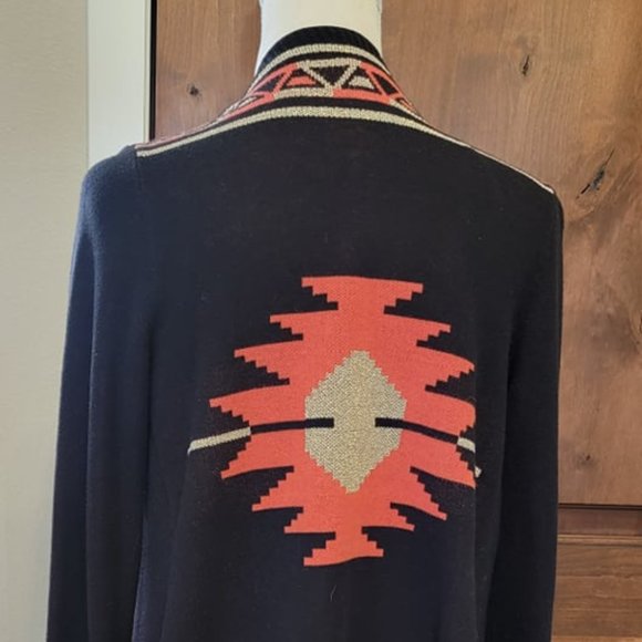 Hooked Up by IO Women'  Aztec Design Side Hi Low Open Long  Sleeve Cardigan M - Picture 10 of 12